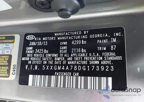 2013 Kia Optima Lx z USA, uszkodzony, nr VIN 5XXGM4A78DG173923